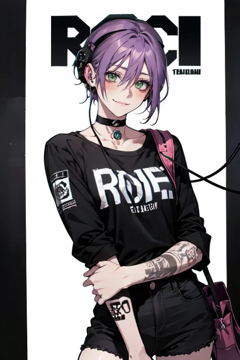 cowboy shot, ((white shirt)), 1girl,  , green eyes , shy smile , blush ,  black choker , hair between eyes , purple hair, r , sh...