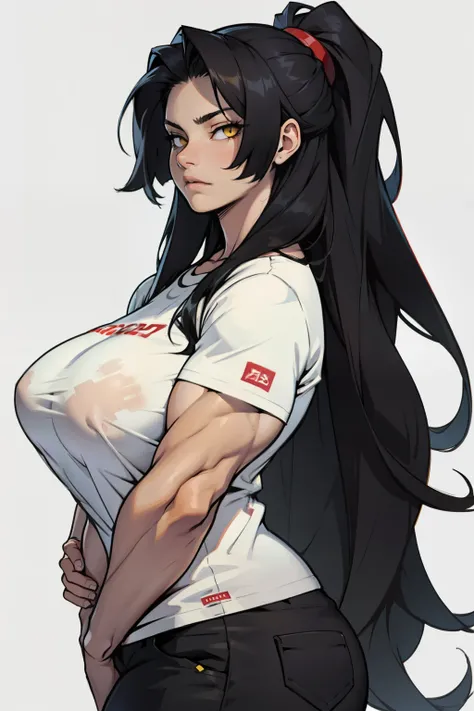 very long hair very long hair huge muscles huge breasts black hair yellow eyes pale skin disappointed girl white t-shirt