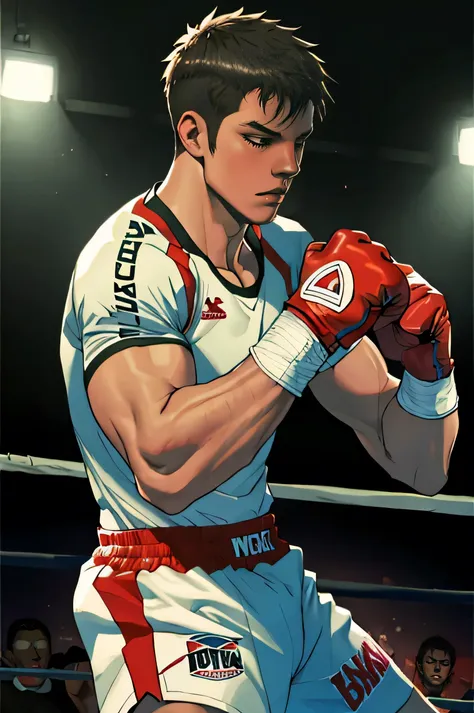 a muscular boxer in the ring, steely facial expression, wearing boxing gloves, detailed and accurate anatomy, masterpiece, high ...