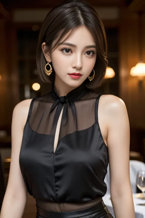 masterpiece, highest quality, Realistic, Very detailed, Finer details, High resolution, 8k wallpaper, One beautiful woman, Wear a black silk blouse, In a great restaurant, At night, Light brown unkempt short hair, Perfect dynamic composition, Beautiful and...