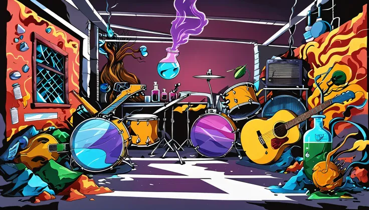 Guitars and drums in a small science lab, complete with speakers and glass flasks of chemistry, embody the resilience and tenacity of the scientific community, infused with a bold graphic allure that enlivens the spirit of science. The design penetrates la...