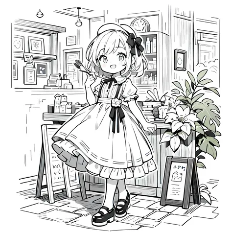 Line art background, background, Monochrome, Line art, ((sketch)),Highest , 2. Colorinochrome、 quality,masterpiece,monochrome,Lineart,single color,Create a detailed coloring page,（masterpiece）、(highest quality)、Young Girl、smile、An anime girl in a dress 、Sp...