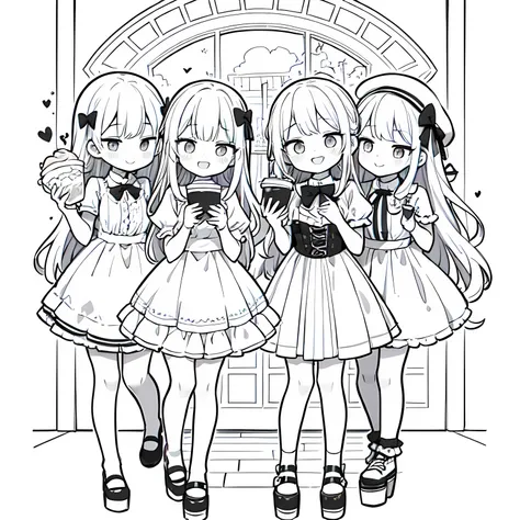 Line art background, background, Monochrome, Line art, ((sketch)),Highest , 2. Colorinochrome、 quality,masterpiece,monochrome,Lineart,single color,Create a detailed coloring page,（masterpiece）、(highest quality)、Young Girl、smile、An anime girl in a dress 、Sp...