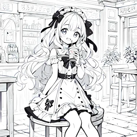 Line art background, background, Monochrome, Line art, ((sketch)),Highest , 2. Colorinochrome、 quality,masterpiece,monochrome,Lineart,single color,Create a detailed coloring page,（masterpiece）、(highest quality)、Young Girl、smile、An anime girl in a dress 、Sp...