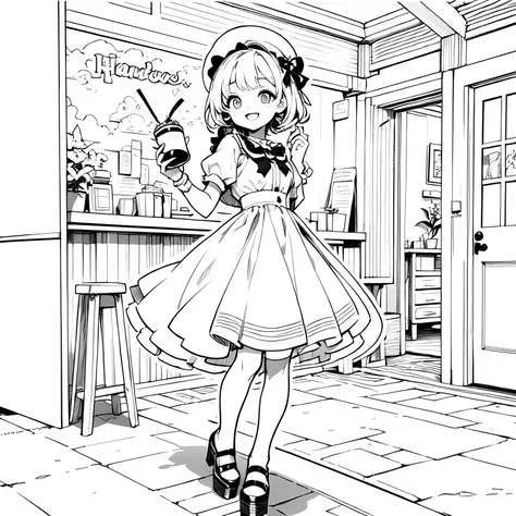 Line art background, background, Monochrome, Line art, ((sketch)),Highest , 2. Colorinochrome、 quality,masterpiece,monochrome,Lineart,single color,Create a detailed coloring page,（masterpiece）、(highest quality)、Young Girl、smile、An anime girl in a dress 、Sp...