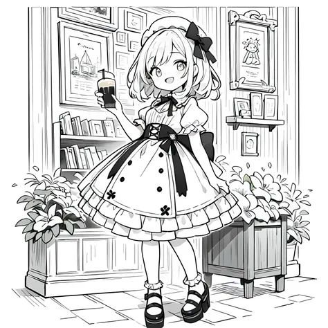 Line art background, background, Monochrome, Line art, ((sketch)),Highest , 2. Colorinochrome、 quality,masterpiece,monochrome,Lineart,single color,Create a detailed coloring page,（masterpiece）、(highest quality)、Young Girl、smile、An anime girl in a dress 、Sp...