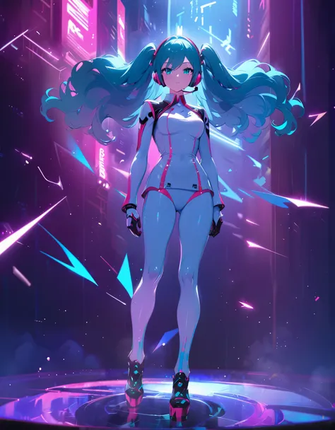 movie poster page, (promotional poster), hatsune miku, 1female, solo, humanoid android, teal hair, teal eyes, singer's uniform, ...