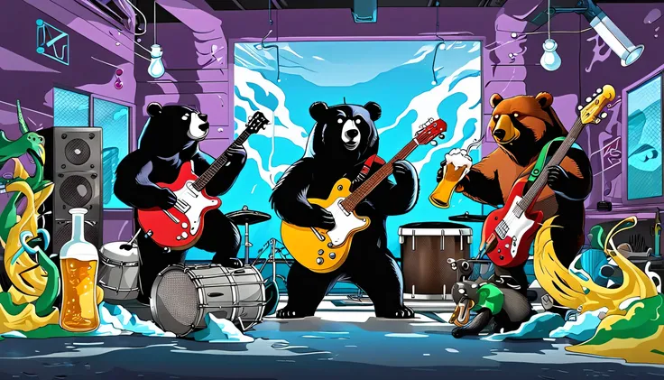 Guitars and drums in a small science lab, complete with speakers and glass flasks of chemistry, embody the resilience and tenacity of the scientific community, infused with a bold graphic allure that enlivens the spirit of science. The design penetrates la...