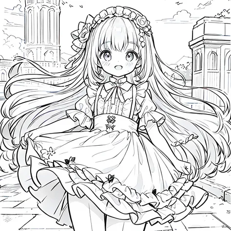 Line art background, background, Monochrome, Line art, ((sketch)),Highest , 2. Colorinochrome、 quality,masterpiece,monochrome,Lineart,single color,Create a detailed coloring page,（masterpiece）、(highest quality)、Young Girl、smile ,Monochrome,Lineart,Dark out...