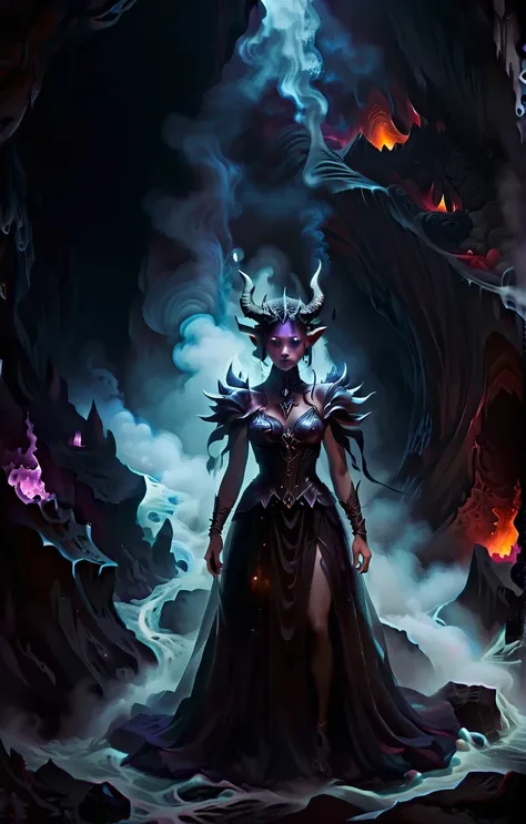 dreamscape dark and moody portrait of a demon emissary in the midst of a darkly lit volcanic crystal cave where she floats among...