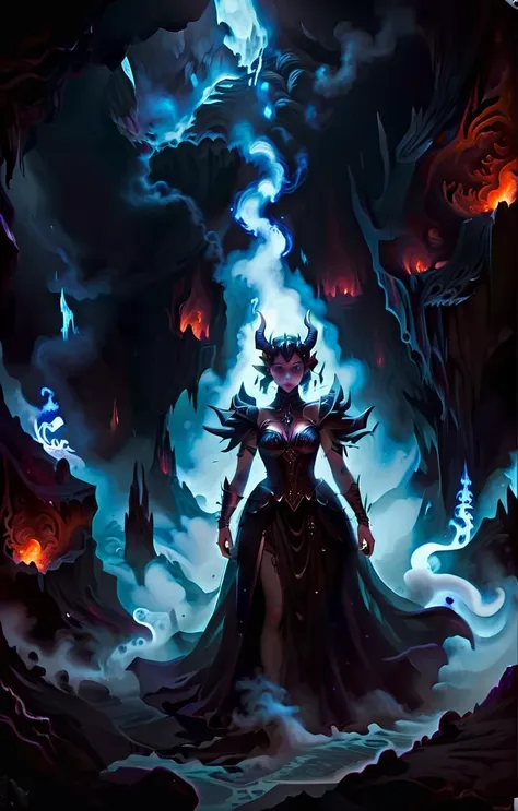 Dreamscape dark and moody portrait of a demon emissary in the midst of a darkly lit volcanic crystal cave where she floats among the magma flows with her mesmerizing visage and her (diaphanous dress billowing:1.4) amongst the smoke filled air. . Surreal, e...