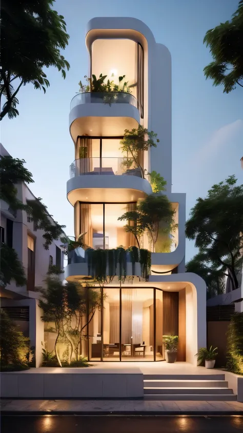 a drawing of a house with a staircase leading to a large glass window, high quality architectural art, architecture art, architectural illustration, contemporary architecture, mono,beautiful and realistic photos, busy surrounding space, realistic trees, su...