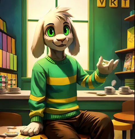 A furry lion boy wearing a dark t-shirt with the name PALNES COMPANY representing the company if you get a stage smiling