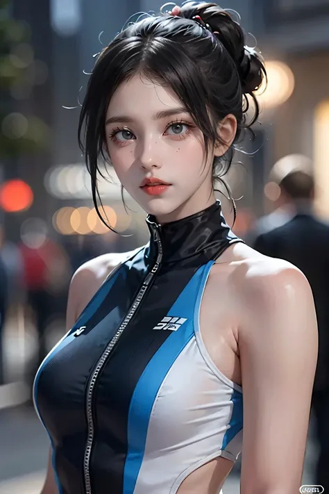 (((nsfw:0.9)))，large breasts，small waist，(sexy body)，rainy night,city,beautiful woman with gal make-up wearing a sports suit on ...