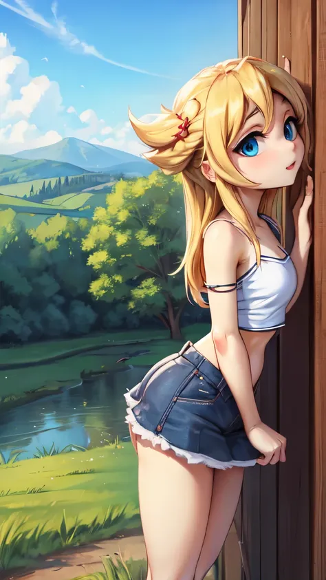 white tube top, white felt miniskirt, blonde medium wave hair, narrow eyes, blue eyes, countryside, outdoors, blue sky,