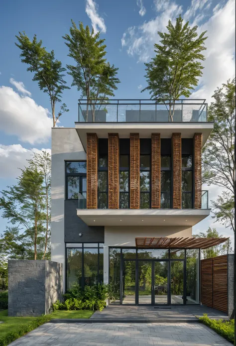 Masterpiece, high quality, wooden louvers, best quality, authentic, super detail, outdoors, onestoreyvillaXL, aiaigroup, house style modern on the street ,stairs, white wall ,road,pavement, grass, trees, sky, cloud, (daylight:1.1)
