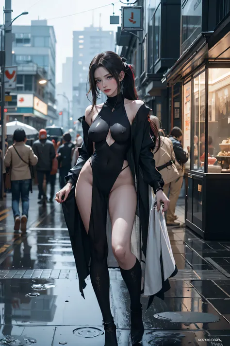 (((nsfw:1.0)))，Large Breasts，Small waist，(Sexy body)，Rainy night,city,Beautiful woman with gal make-up wearing a sports suit on the busy street of Gintama, Surrounded by sellers, Beautiful portrait of a stunning goddess girl, Beautifully detailed face, Por...