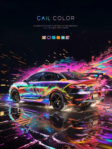 a close up of a car with a lot of colors on it, Car paint, electric color, Cars painted with holographic paint, brushed rose gold Car paint, hyper colorful, shiny colorful, color ( sony a 7 r iv, dynamic color, colorful chromatic abberation, night color, c...