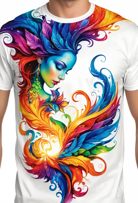 close up of colorful fantasy sketch imagination art t-shirt (((white background only) (by karen griffiths white background only)...