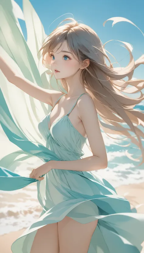 cute girl drawn in pastel colors, summer cloth around her, dancing in the wind, high quality drawings.