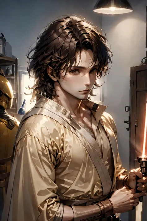 "(best quality,highres), neocruz sexy male jedi knight,beautiful detailed eyes,long eyelashes light tan robe, holding a red ligh...