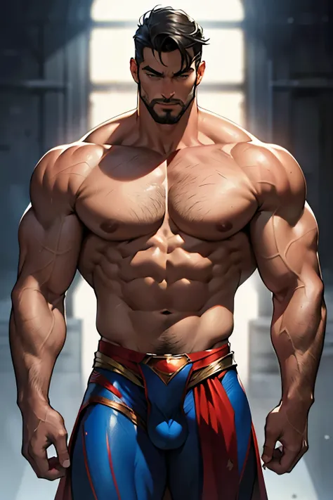 Superman, in an unprecedented depiction, is found nude. His towering physique is accentuated as his formidable masculinity is on full display. The usually concealed muscular body, marked by chiseled abs and hyperdetailed face, becomes the primary focus. Hi...