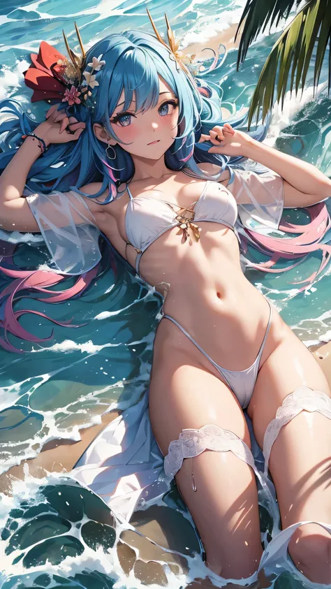 Highest quality、Highest quality、Masterpiece、girl((20-year-old、as soon as、Highest Bust、Medium Bust、Wide open chest、Red glowing eyes、Light Blue Hair、Disheveled Hair、Loincloth、thin、The best valley、Open chest、Full body view、NSFW((Upper body naked、Lower body na...