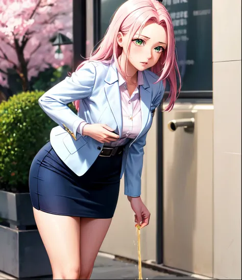 ((best quality)), ((masterpiece)), ((detailed)), ((1 girl)), ((Peeing))
Sakura haruno, solo, pink hair, 31 years old, green eyes,  small breasts, navy blue pencil skirt, black heels, white shirt, navy blue blazer, brown belt, sakura really needs to pee and...