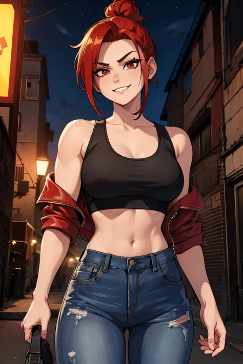 1girl, red hair, semi-short hair, half of her head is shaved short, messy hair bun, small side-braid, red eyes, spiky teeth, evil smile, muscular, athletic, cut, extremely well-built, black tank top, long jeans, red leather jacket, back alley at night absu...