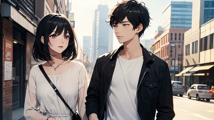 ((best quality)), ((masterpiece)), (detailed), Boys couple，Black Hair，Anime style，Modern City，Delicate facial features，high quality，Warmth，happiness，Sunlight，outdoor
