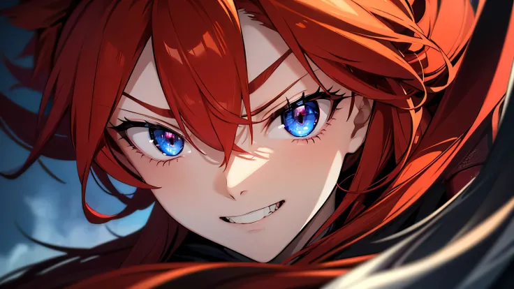 Highly detailed, close-up portrait of Asuka Langley’s face. She has a fierce, defiant expression, with a wild, almost predatory smile, as if ready to pounce on her prey. Her light blue eyes blaze with fury. Long flowing crimson red hair frames her face. No...