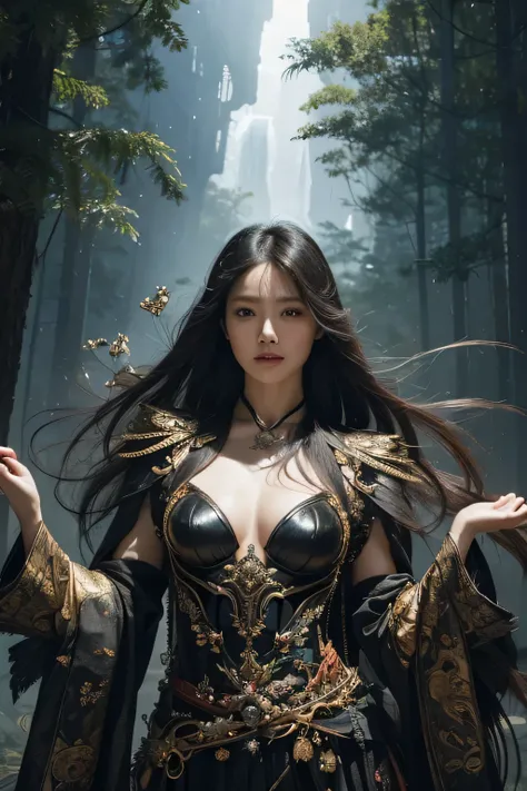 By Jason Chan, A sharp-faced, beautiful Asian woman, Wild Immortals, danced amidst the swirling mist., Each one is decorated with life., Heavenly clothes, Gathering the power of lonely nature, (Gorgeous background, full of details:1.2), (technology, Futuri...