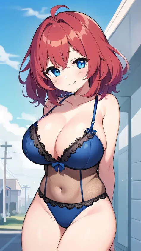 Big breasts, red hair, blue eyes, droopy eyes,  elementary school student, super big breasts, (medium hair: 1), elementary school student, young face, short height, 10 years old,  shy , smiling a little, soft hair，Lingerie Set