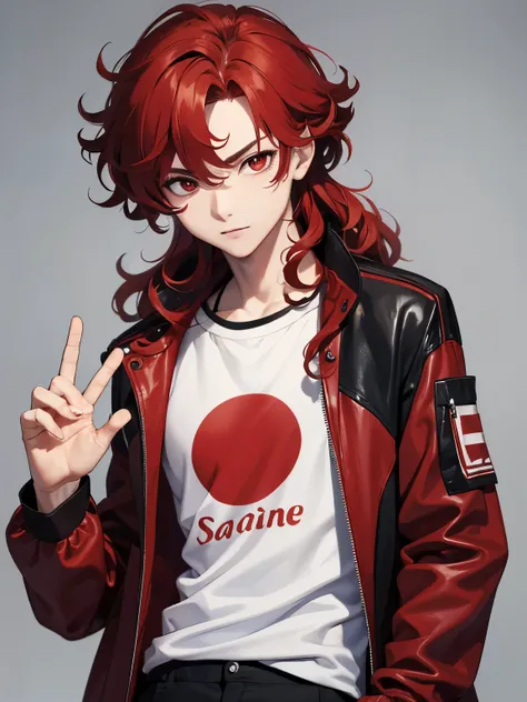 1boy,18 years old,standing,cool,middle parted hairstyle,Standing, slight smile,Wave hands,Curly hair, red hair, red eyes, long hair, vampire, handsome,black t-shirt, red jacket, standing,close up photo,Plain t-shirt, plain jacket