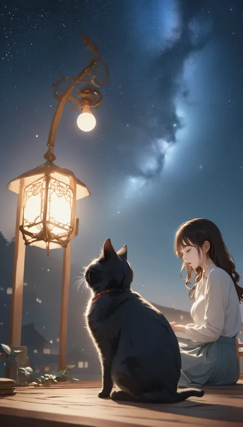 make a wish under the stars, the night sky is like ink, stars scattered. a girl and a black cat are sitting on the roof, there i...