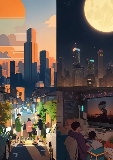 A poster divided into two parts. On the left is a car of people going to work in the morning. ，On the right is a person watching TV at home with his family at night, lo-fi Illustration style, With Artest Guerin (atey ghailan) style, Inspired by Artie Gueri...