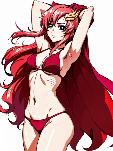 lacus4, (red bikini, running, thong, tall girl, masterpiece, cowboy shot, very slim shoulders, 4K, Best Quality, Anime style: 1.9, happy, Adult Woman, (ultra detailed head), (Drawing lines, high resolution, lacus4), 1girl, Solo, Long hair, clavicle, scapul...