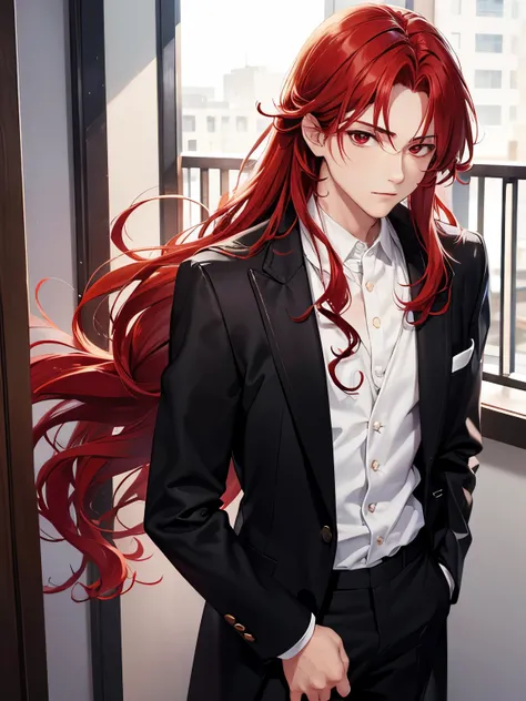 1boy,18 years old,standing,cool,middle parted hairstyle,Standing, slight smile,Curly hair, red hair, red eyes, long hair, vampire, handsome,,, standing,close up photo,White shirt, Black suit,black trousers