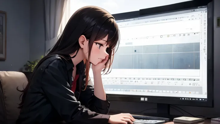 A woman editing a video while crying in a dark room