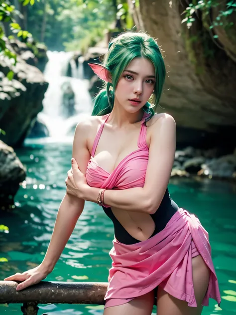 (masterpiece:1.2, Best Quality:1.2, 32K, High resolution), ((Ultra-realistic portrait of Juli, 1girl in, Green hair, Ponytail, body suit, Clothes Cutout, Bike Shorts, pink sarong, navel cutout, fish ear:1.35, monster tail:1.25, long Tail:1.25)), (medium cl...