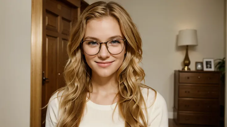 Young adult stylish confident attractive smiling blonde European business woman, beautiful lady pretty model with curly blond hair wearing glasses looking at camera, close up face portrait indoors, copy space