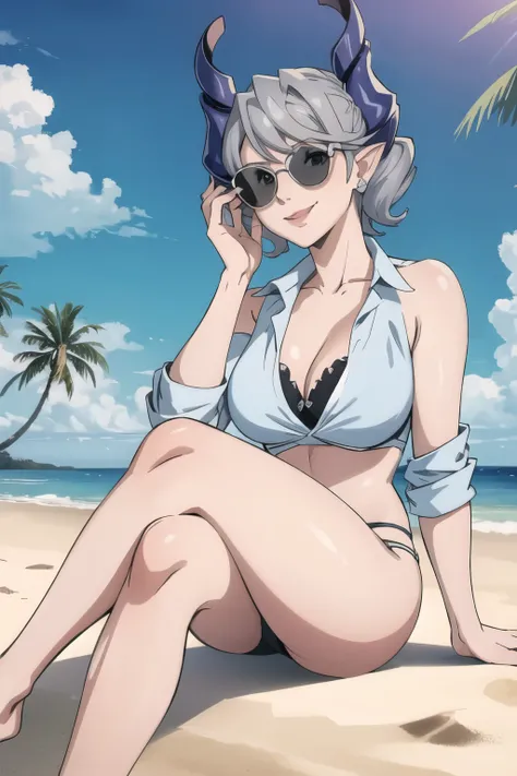 High level image quality　best image quality　8K　 adult woman  beach  sunset　palm trees   whole body view　portrait　blue bikini   　horn    ears  　short hair（（shortcut）（gray hair）（perm）（fluffy））　eye color is blue , classy black sunglasses , 　attractive evil fa...