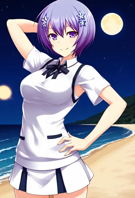 shiina miyako, purple hair, short hair, purple eyes, hair ornament, , short sleeves, white sweater vest, white shirt, white skir...