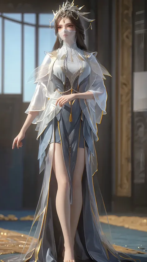 A beautiful girl in a long white dress, multiple layers of skirt, lying on a large bed, full body view, full body capture, barefoot, legs slightly raised, hands placed upwards on the bed, (best quality,4k,8k,highres,masterpiece:1.2),ultra-detailed,(realist...