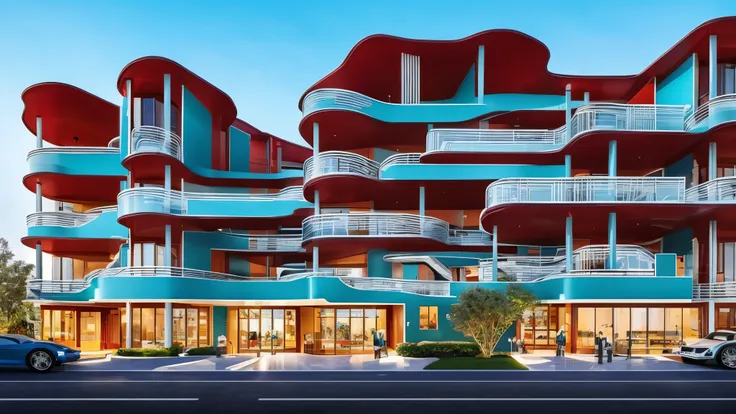 full view of company's 5-storey building, retro-inspired exterior, teal blue, crimson red, bold, sophisticated, geometric, vinta...