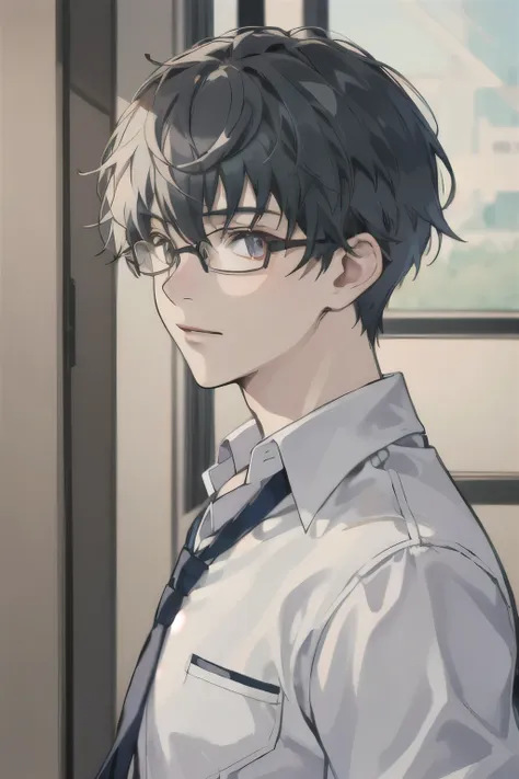 ((highest quality)), ((masterpiece)), (detailed), male, shirt, looking at the camera, glasses