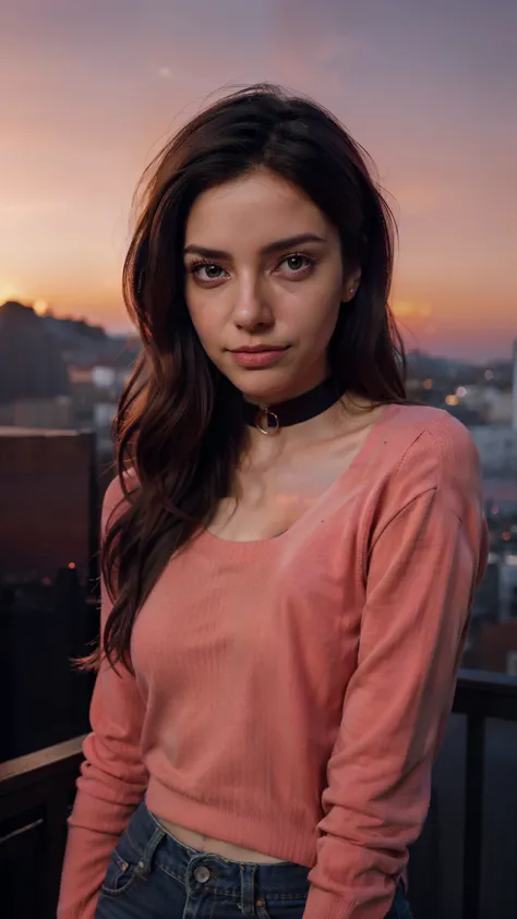 1 young cute iranian girl,very slim,skinny,redhead,rouge,red neck lace choker,cateyes makeup,colorful,oversize knit jumper,softcore,warm lighting,cosy atmosphere,Instagram style,red theme,upper body shot,(cinematic, black and red:0.85),(sunset beautiful ba...