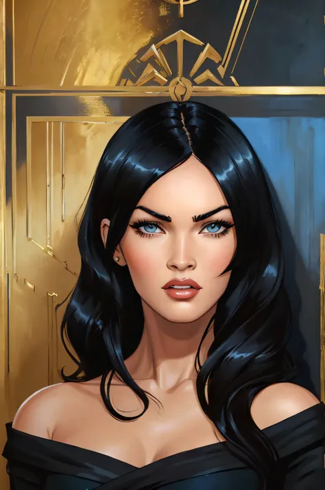 a megan fox with long black hair in a gold painting, in the style of charlie bowater, dark blue and dark black, michael garmash,...