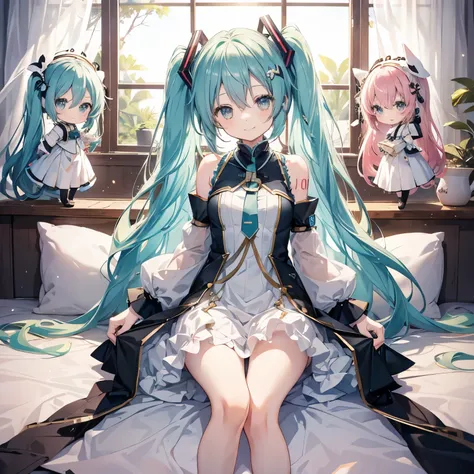 hatsune  miku、megurine luka、cute smile、fluffy、、four girls、chibi character、highest quality、thin dress