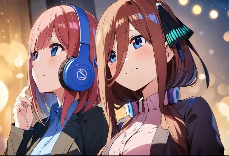 long fluffy brown pink hair, long hair, very long hair, miku nakano, looking away, turned sideways, butterfly hair ribbons, calm relaxed face, smile, 4k, long fluffy brown pink hair, long hair, very long hair
